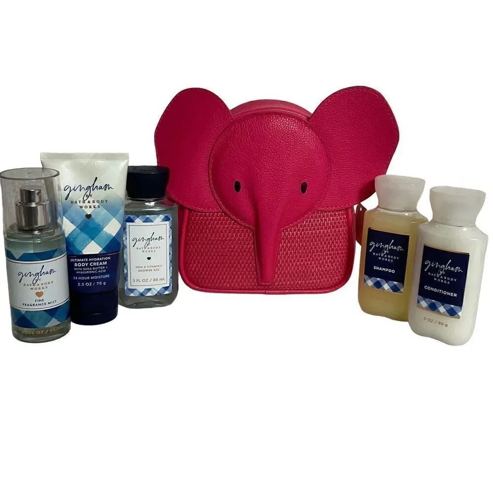 Bath and Body Works Pink Elephant Cosmetic Case and GINGHAM 5 pc Travel Size